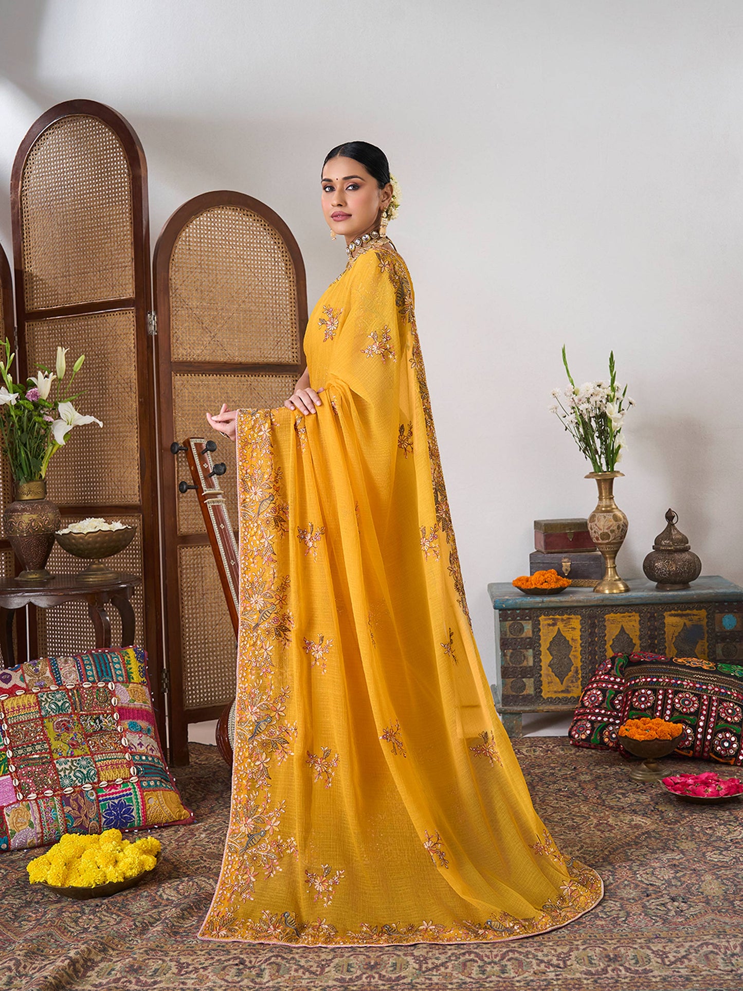 Laxmipati Gajak Yellow Chiffon Floral Embroidered Saree