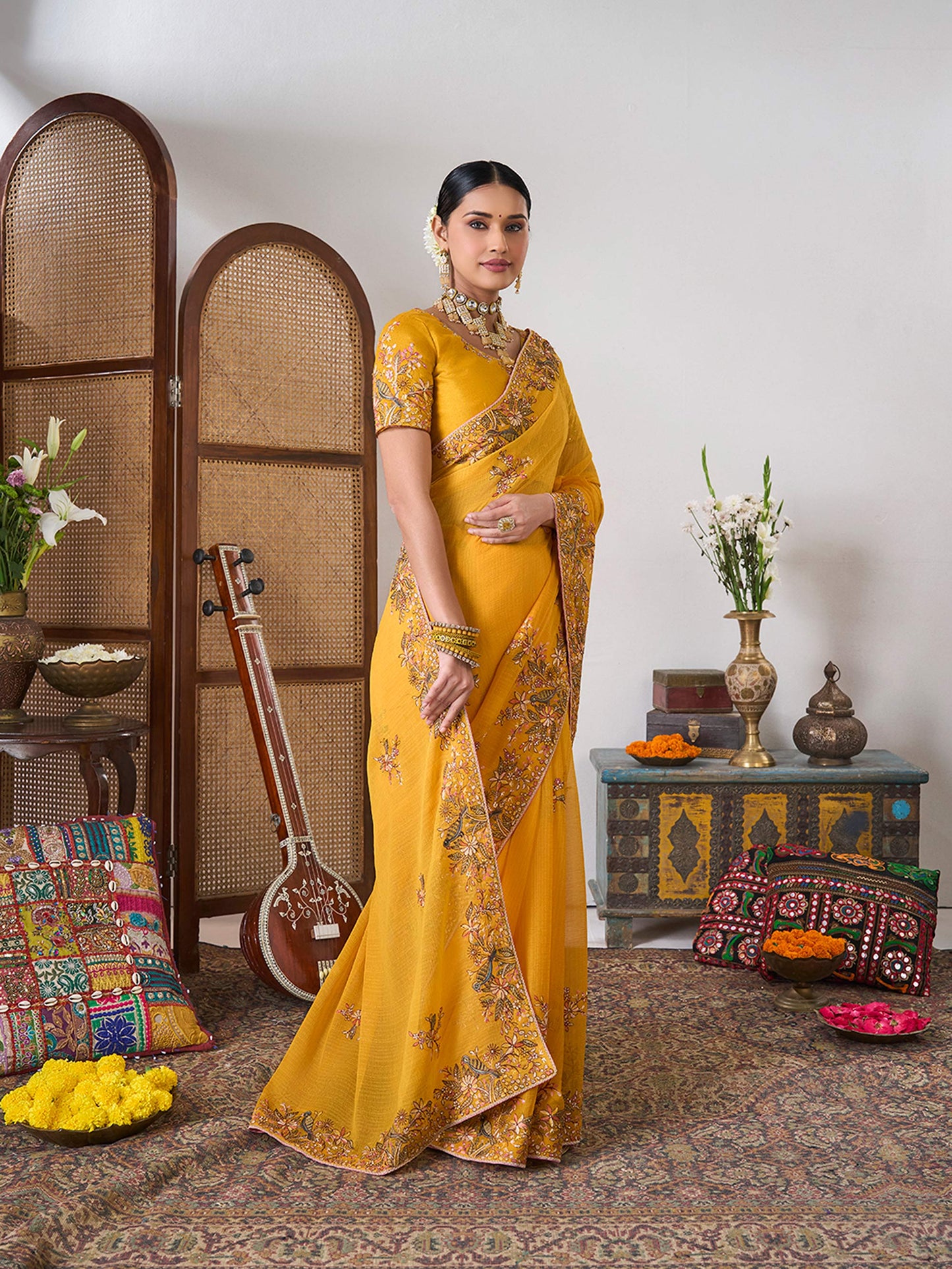 Laxmipati Gajak Yellow Chiffon Floral Embroidered Saree