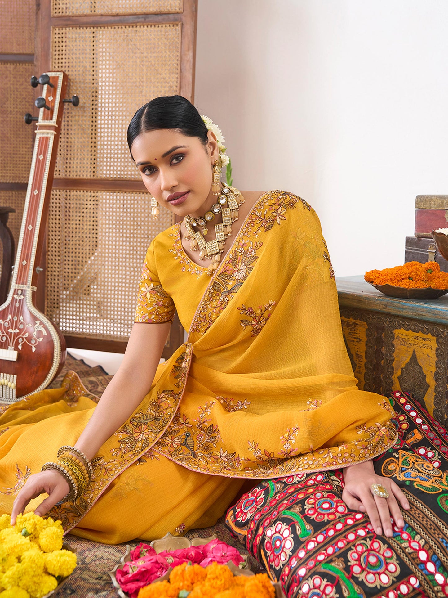Laxmipati Gajak Yellow Chiffon Floral Embroidered Saree