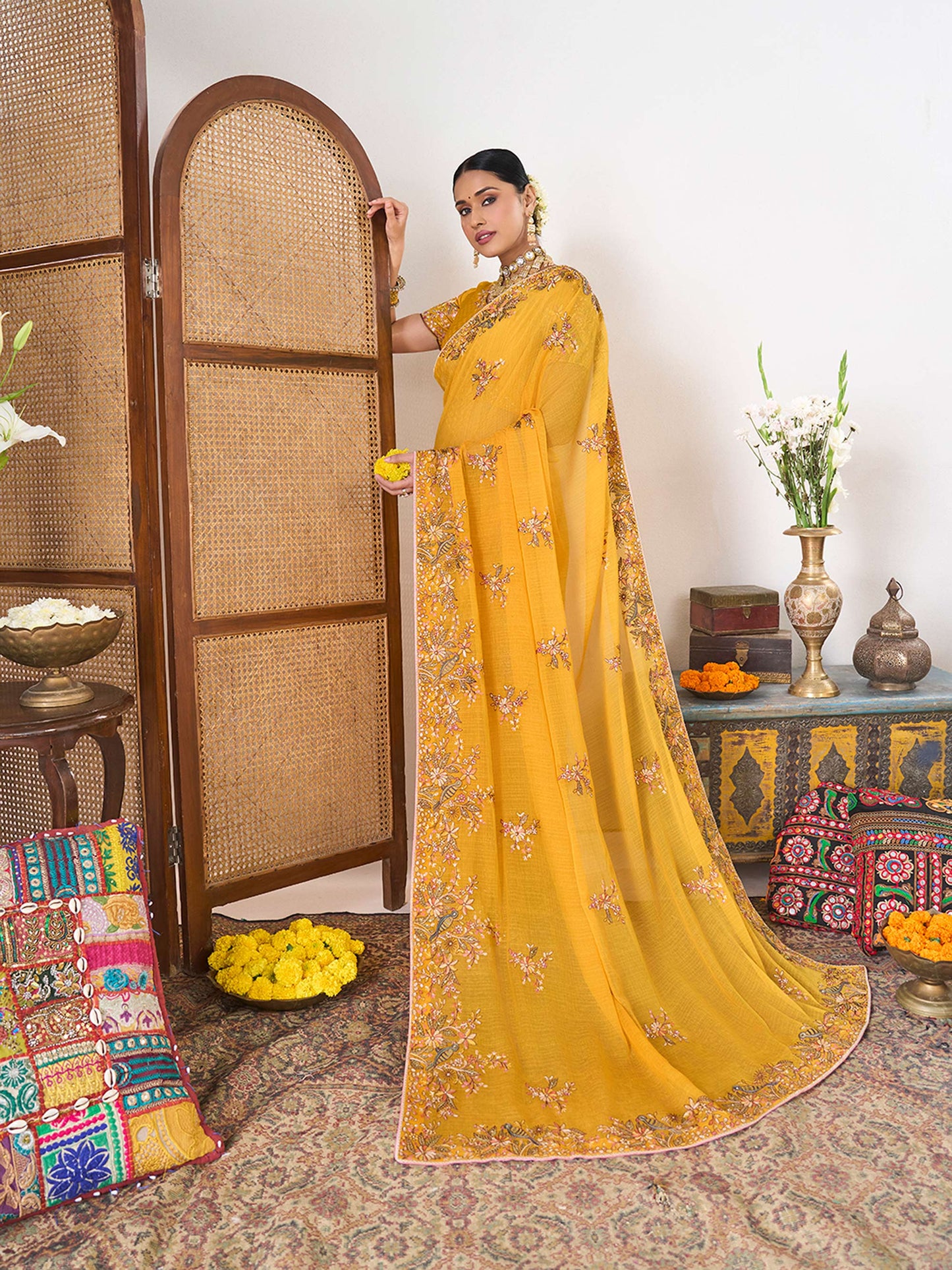 Laxmipati Gajak Yellow Chiffon Floral Embroidered Saree