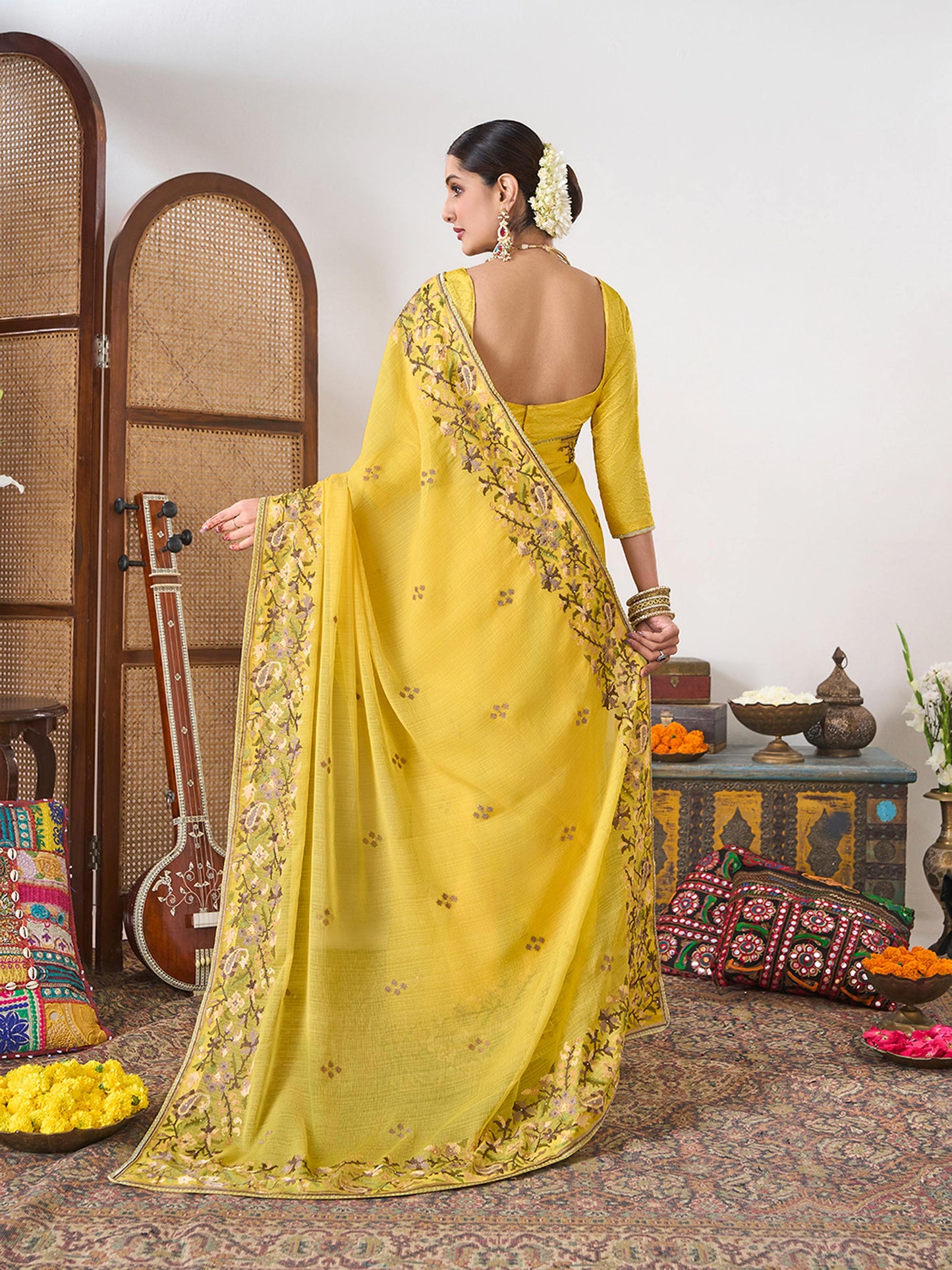 Laxmipati Gajak Yellow Chiffon Floral Embroidered Saree