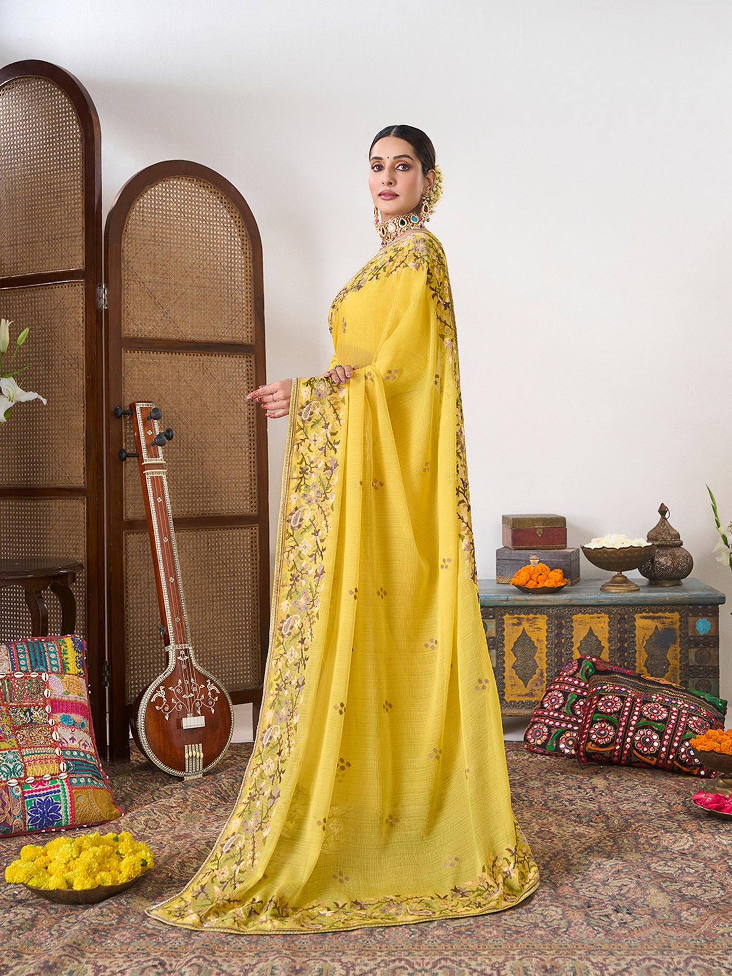 Laxmipati Gajak Yellow Chiffon Floral Embroidered Saree