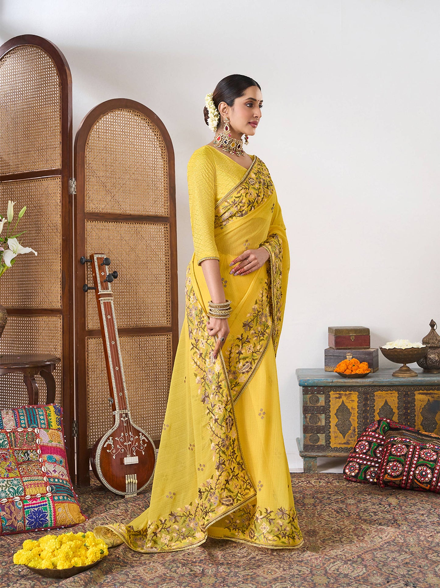 Laxmipati Gajak Yellow Chiffon Floral Embroidered Saree