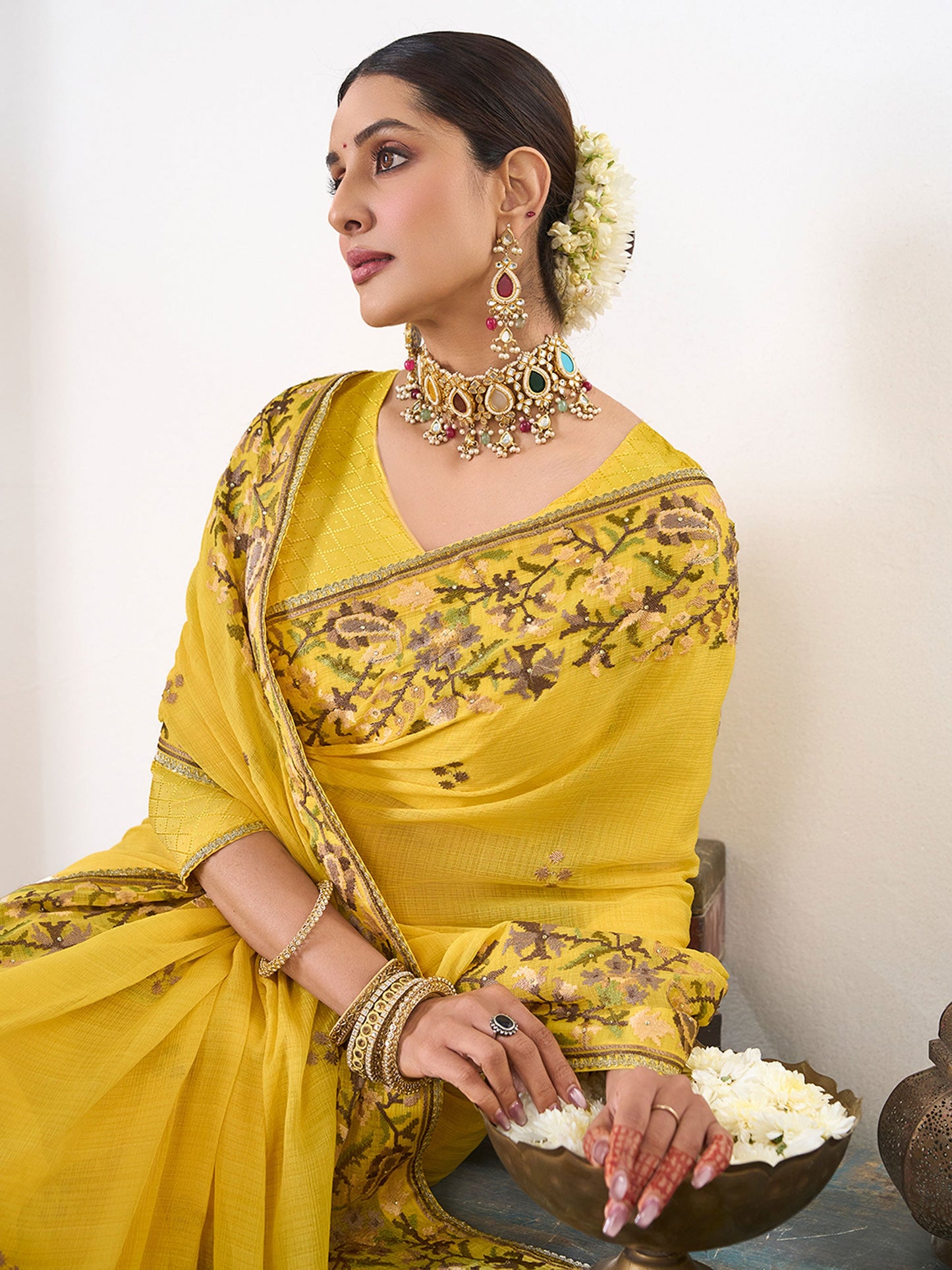Laxmipati Gajak Yellow Chiffon Floral Embroidered Saree