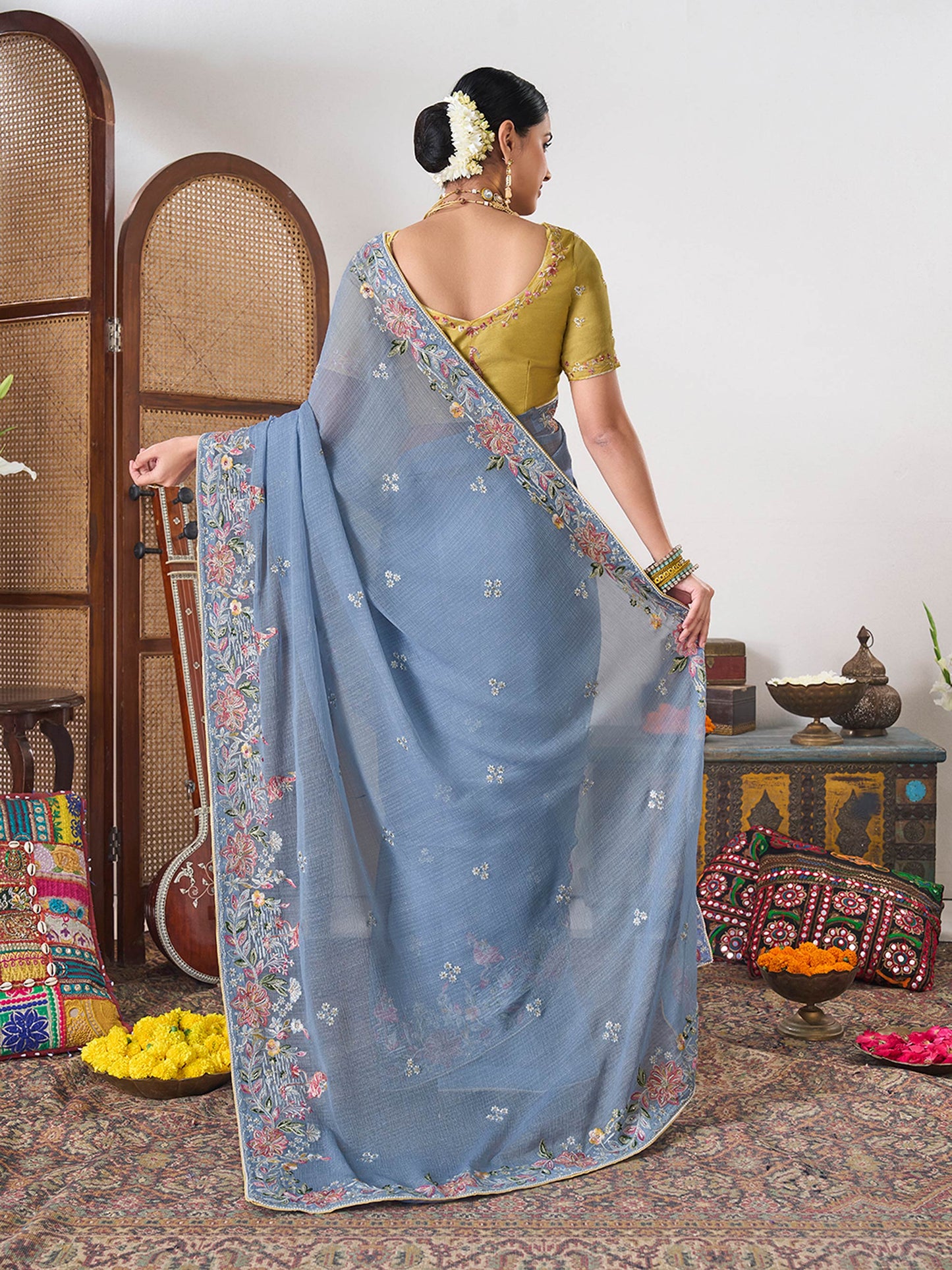 Laxmipati Gajak Blue Chiffon Floral Embroidered Saree