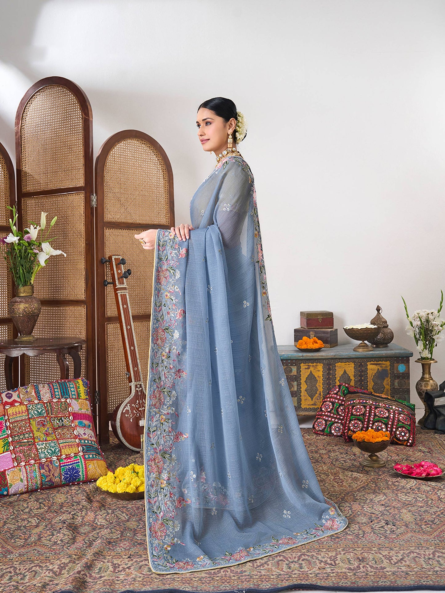 Laxmipati Gajak Blue Chiffon Floral Embroidered Saree
