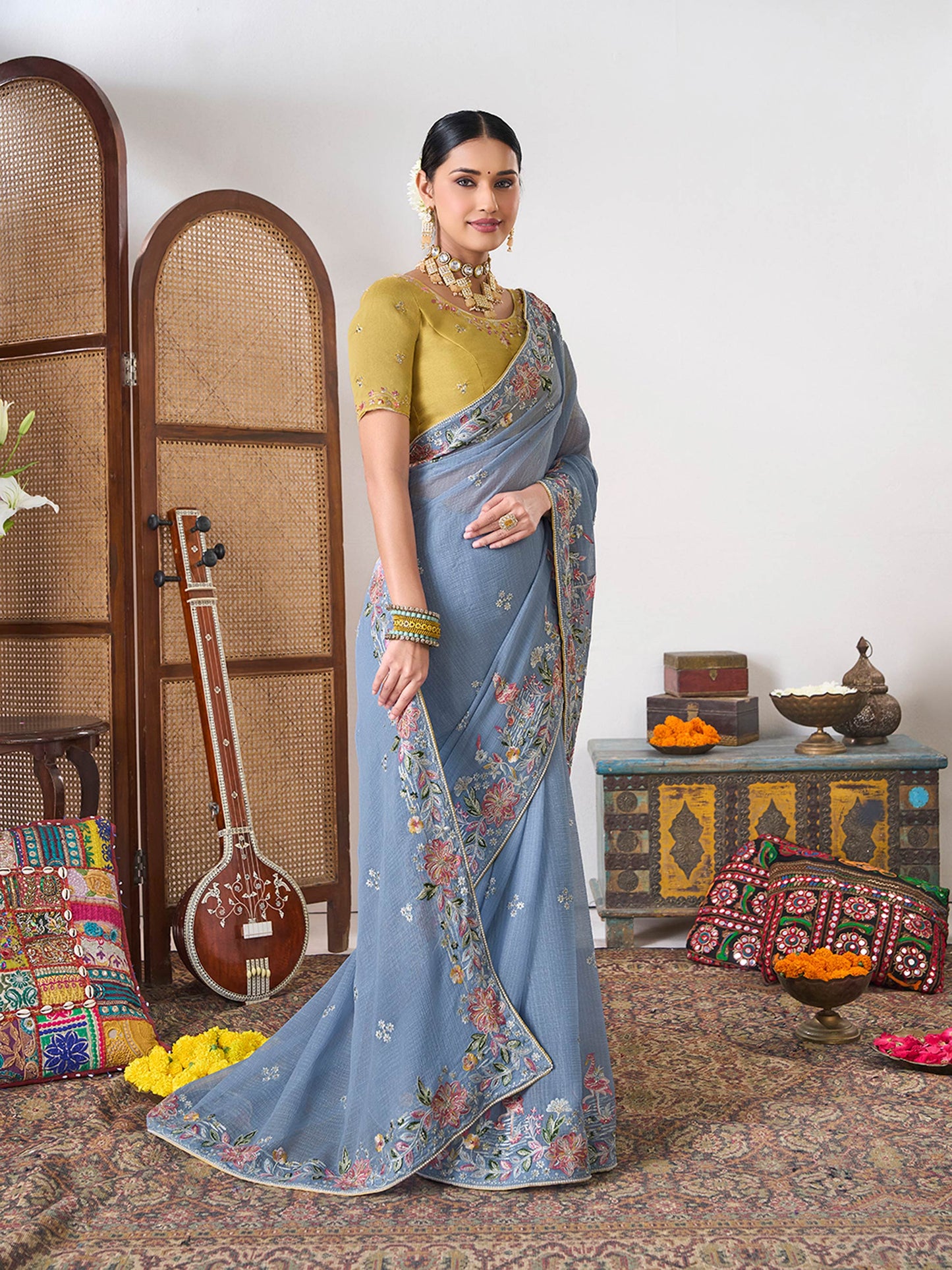 Laxmipati Gajak Blue Chiffon Floral Embroidered Saree