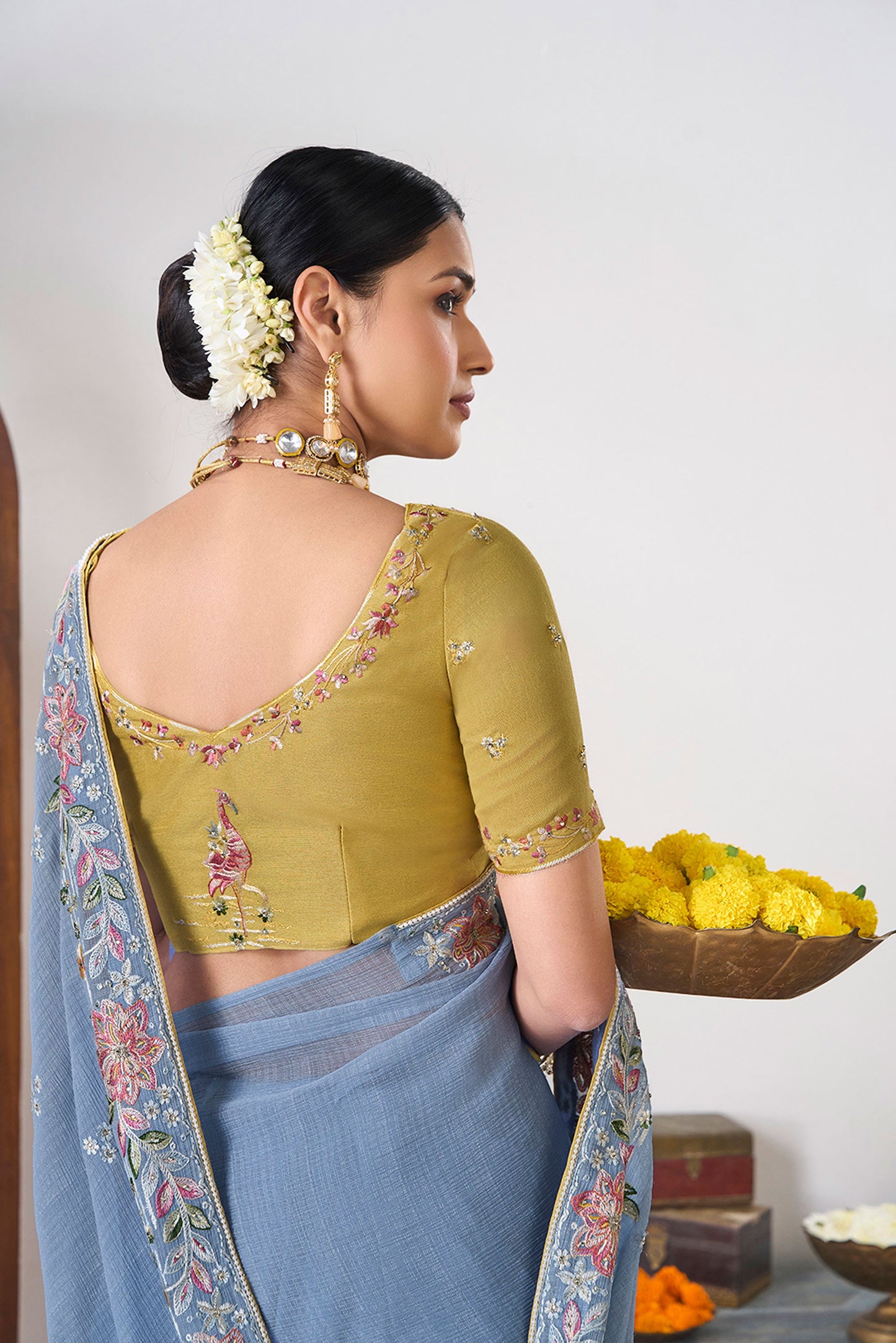 Laxmipati Gajak Blue Chiffon Floral Embroidered Saree