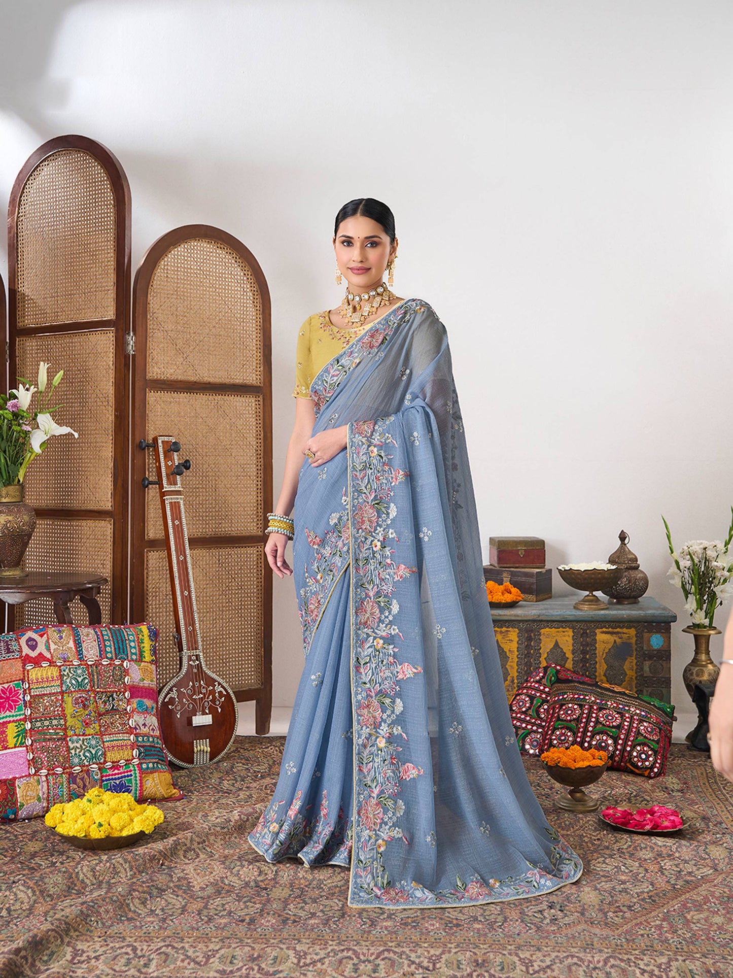 Laxmipati Gajak Blue Chiffon Floral Embroidered Saree