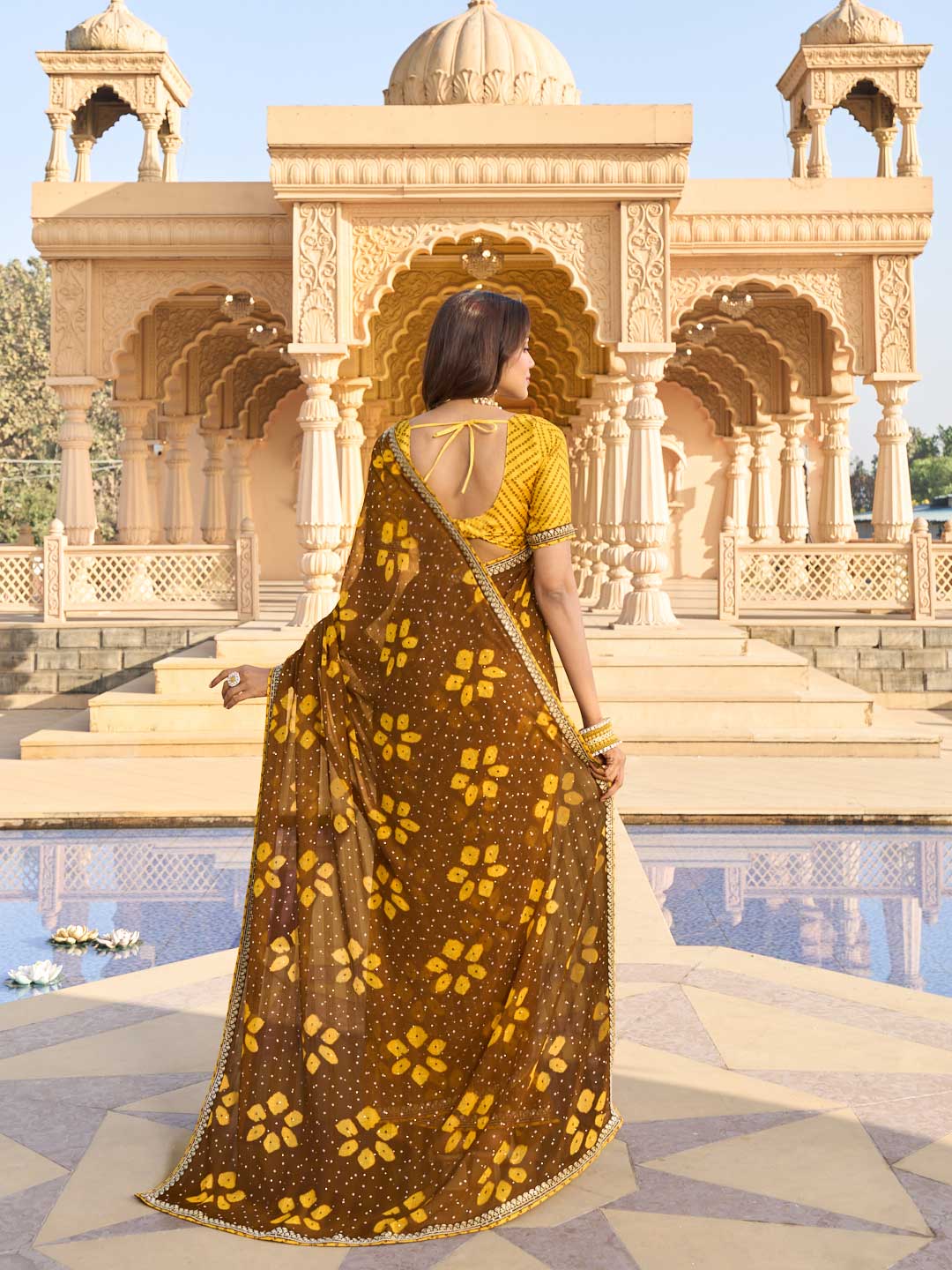 Laxmipati Nakhrali Brown Chiffon Floral Printed Saree