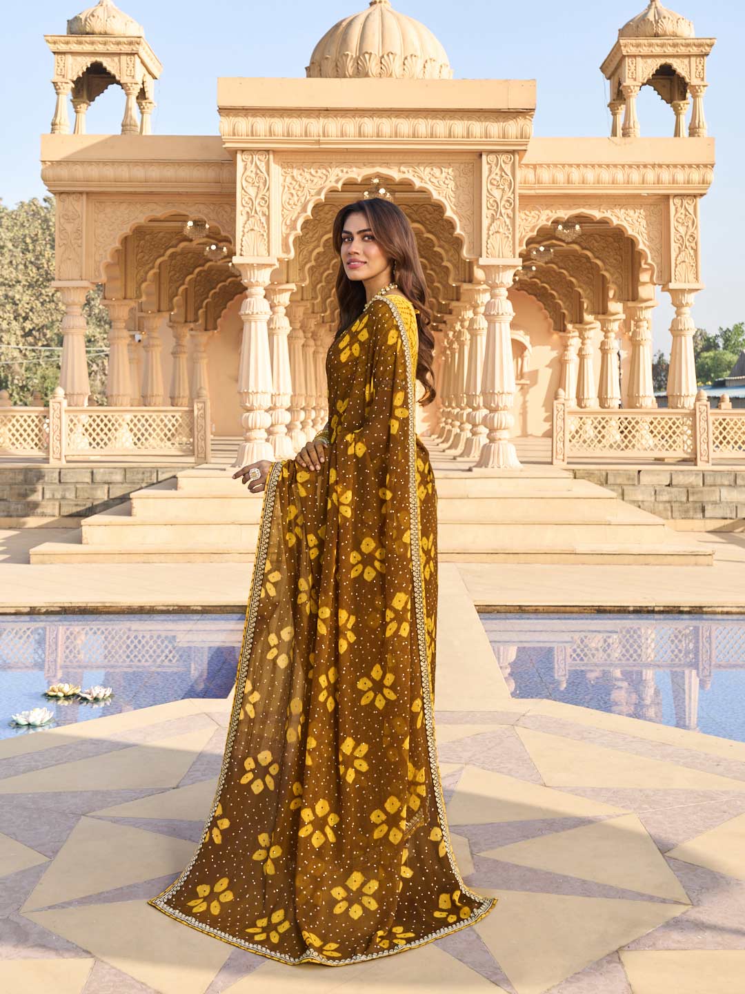 Laxmipati Nakhrali Brown Chiffon Floral Printed Saree