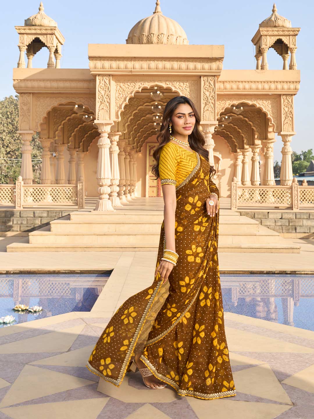 Laxmipati Nakhrali Brown Chiffon Floral Printed Saree