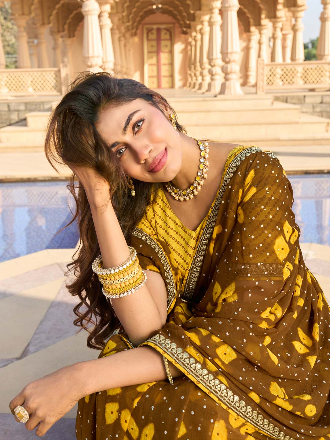 Laxmipati Nakhrali Brown Chiffon Floral Printed Saree