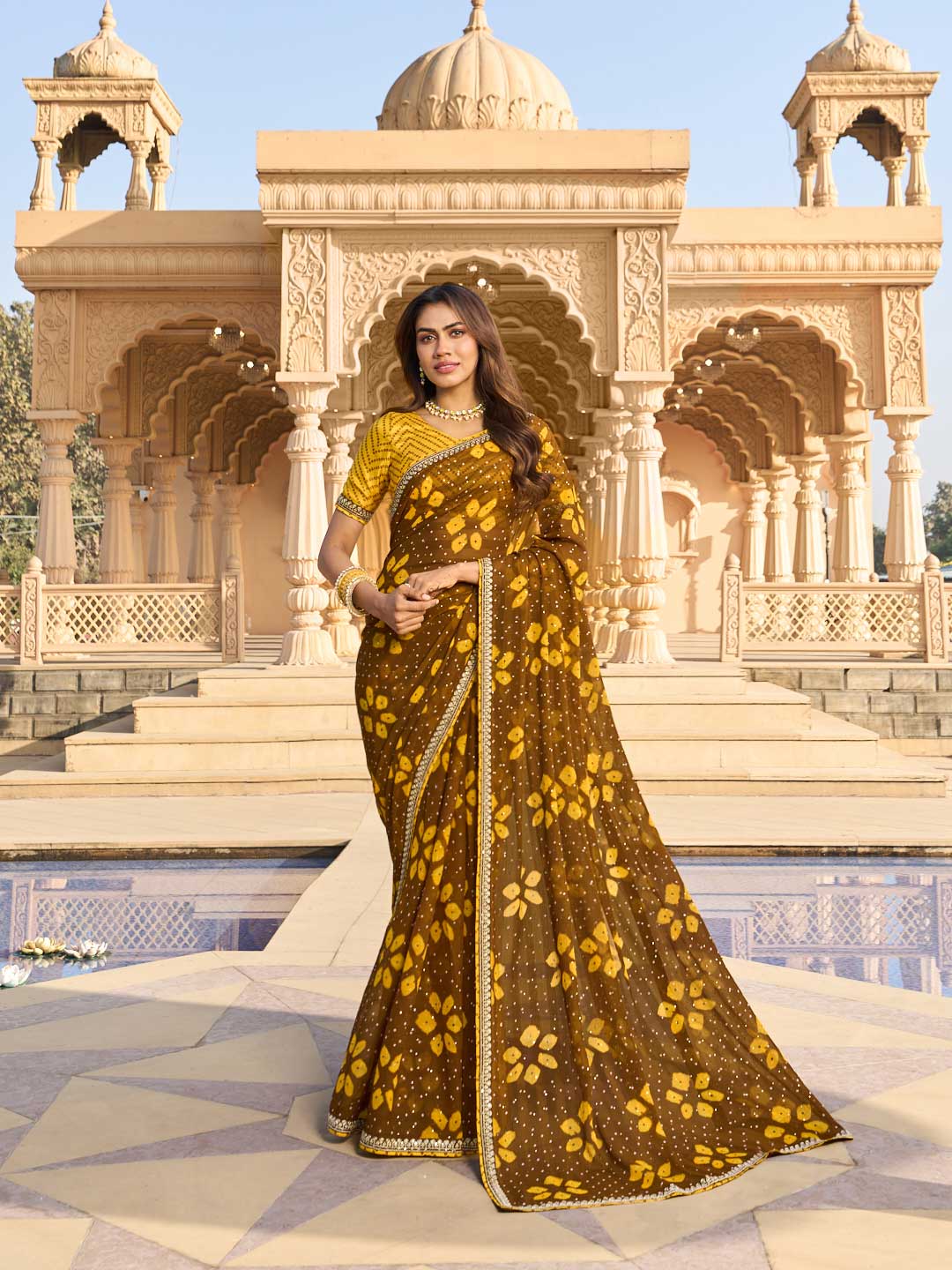 Laxmipati Nakhrali Brown Chiffon Floral Printed Saree