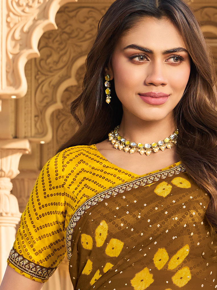 Laxmipati Nakhrali Brown Chiffon Floral Printed Saree
