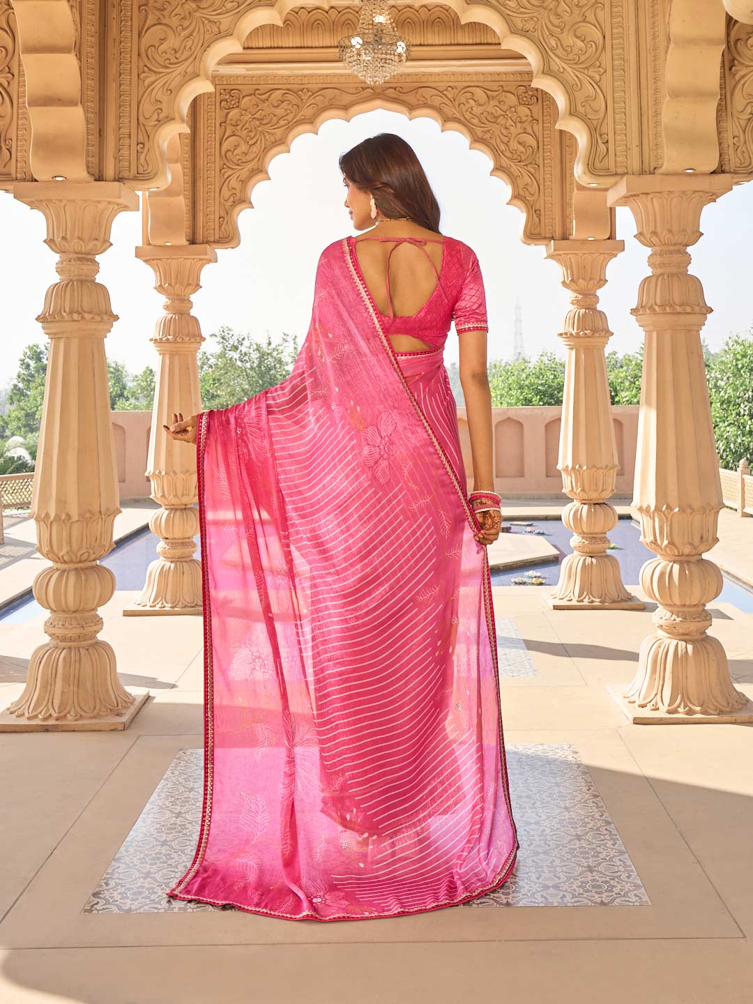 Laxmipati Nakhrali Pink Chiffon Floral Printed Saree