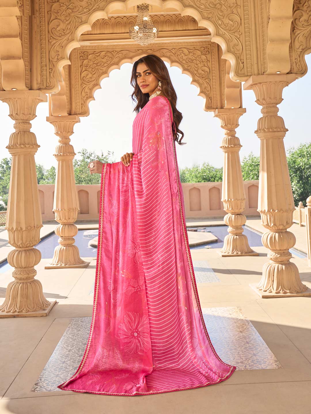 Laxmipati Nakhrali Pink Chiffon Floral Printed Saree