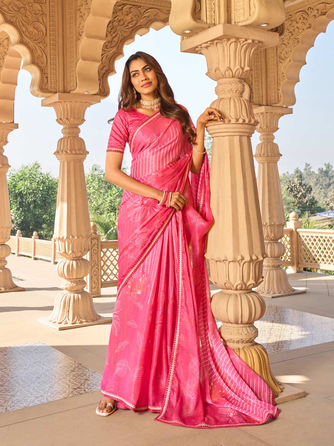 Laxmipati Nakhrali Pink Chiffon Floral Printed Saree