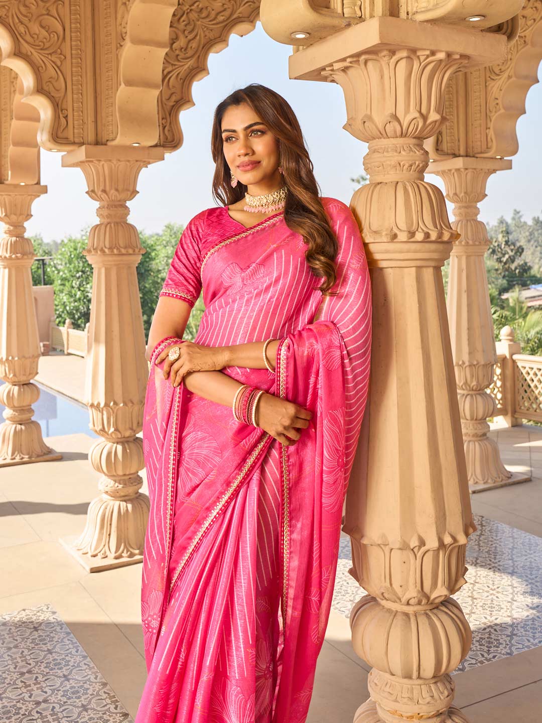 Laxmipati Nakhrali Pink Chiffon Floral Printed Saree