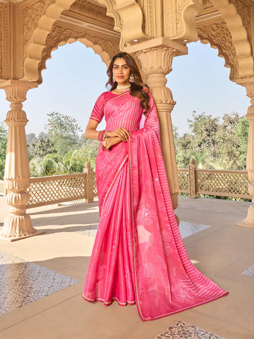 Laxmipati Nakhrali Pink Chiffon Floral Printed Saree