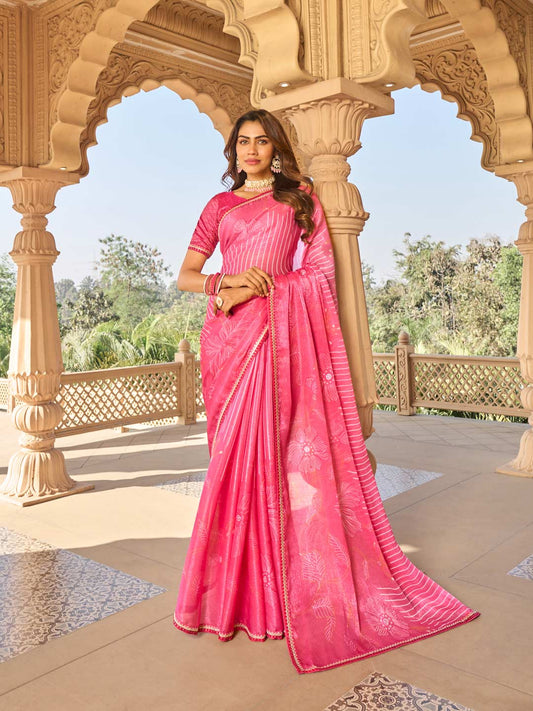 Laxmipati Nakhrali Pink Chiffon Floral Printed Saree