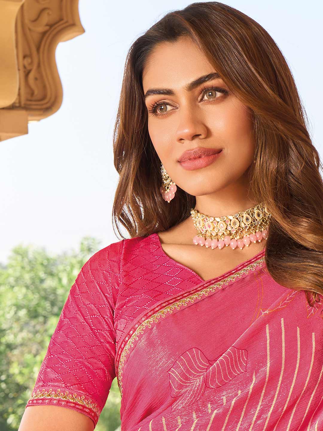 Laxmipati Nakhrali Pink Chiffon Floral Printed Saree