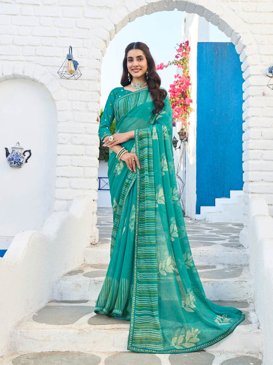 Laxmipati Rang Birangi Blue Chiffon Floral Printed Saree