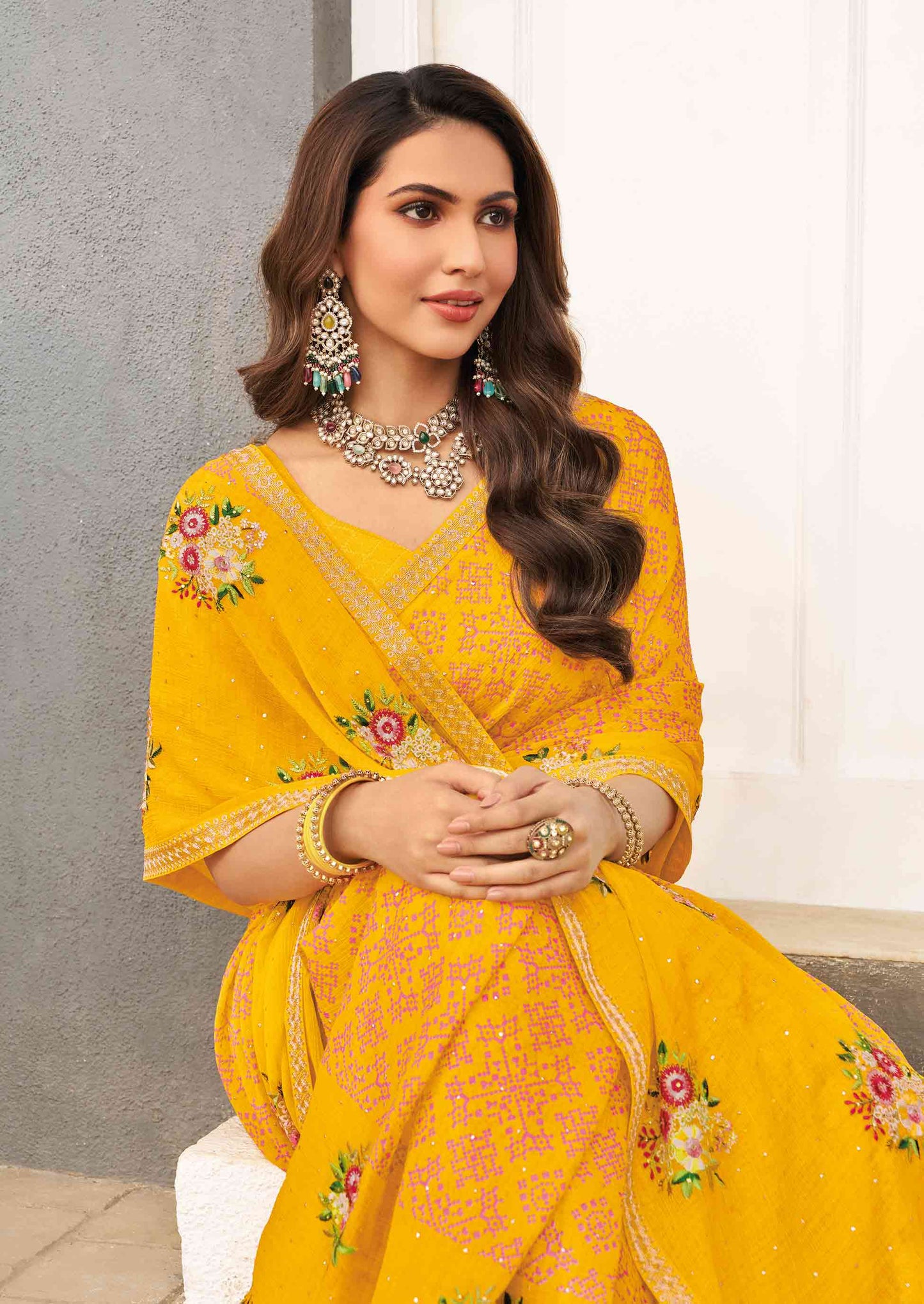 Laxmipati Mirinda Yellow Chiffon Floral Embroidered Saree