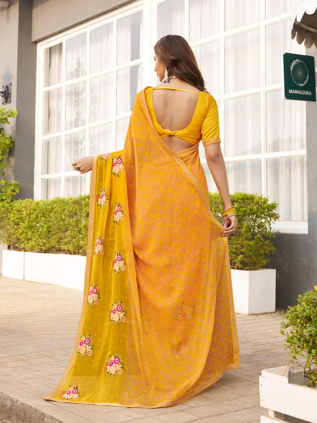 Laxmipati Mirinda Yellow Chiffon Floral Embroidered Saree