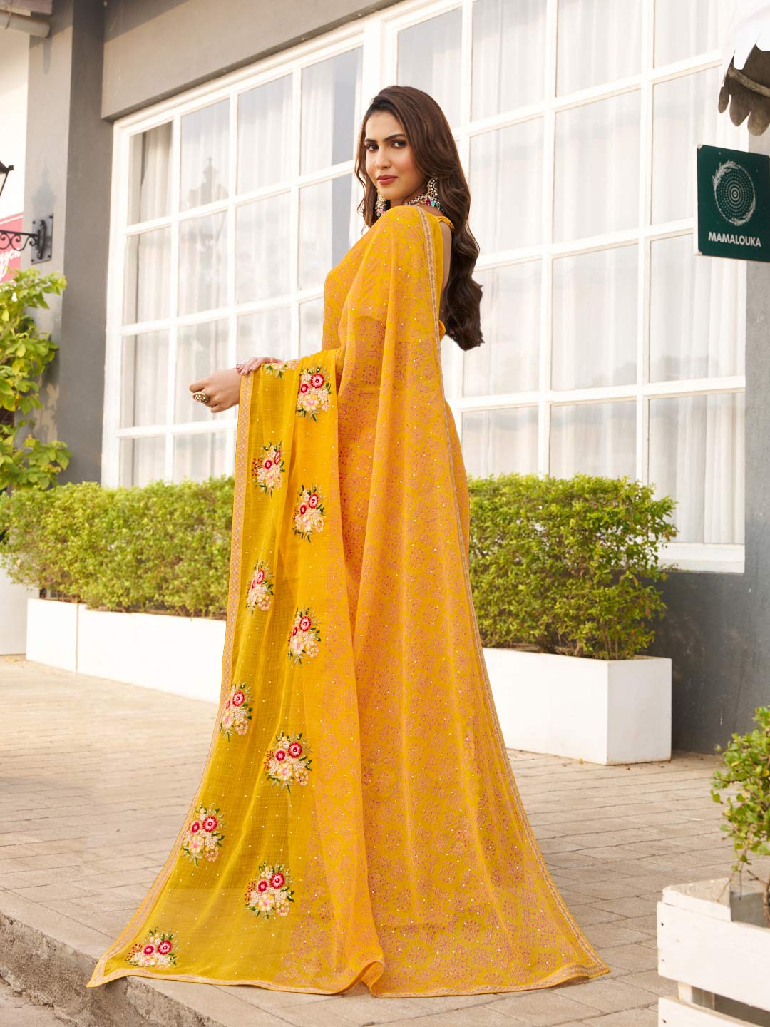 Laxmipati Mirinda Yellow Chiffon Floral Embroidered Saree