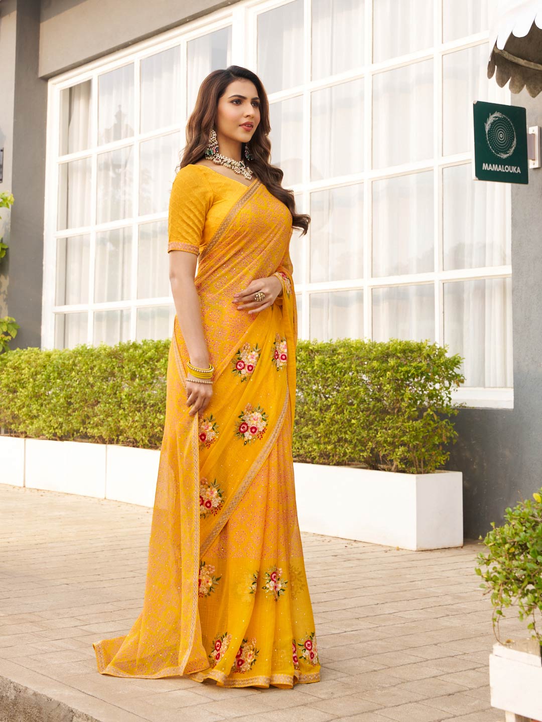 Laxmipati Mirinda Yellow Chiffon Floral Embroidered Saree