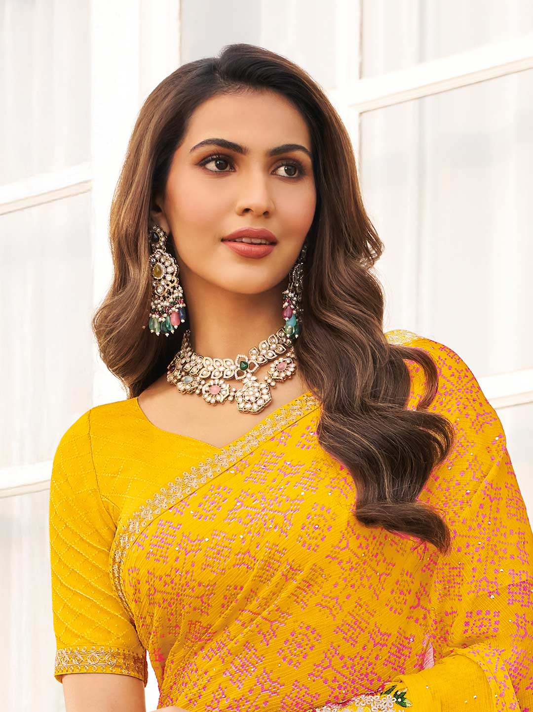 Laxmipati Mirinda Yellow Chiffon Floral Embroidered Saree