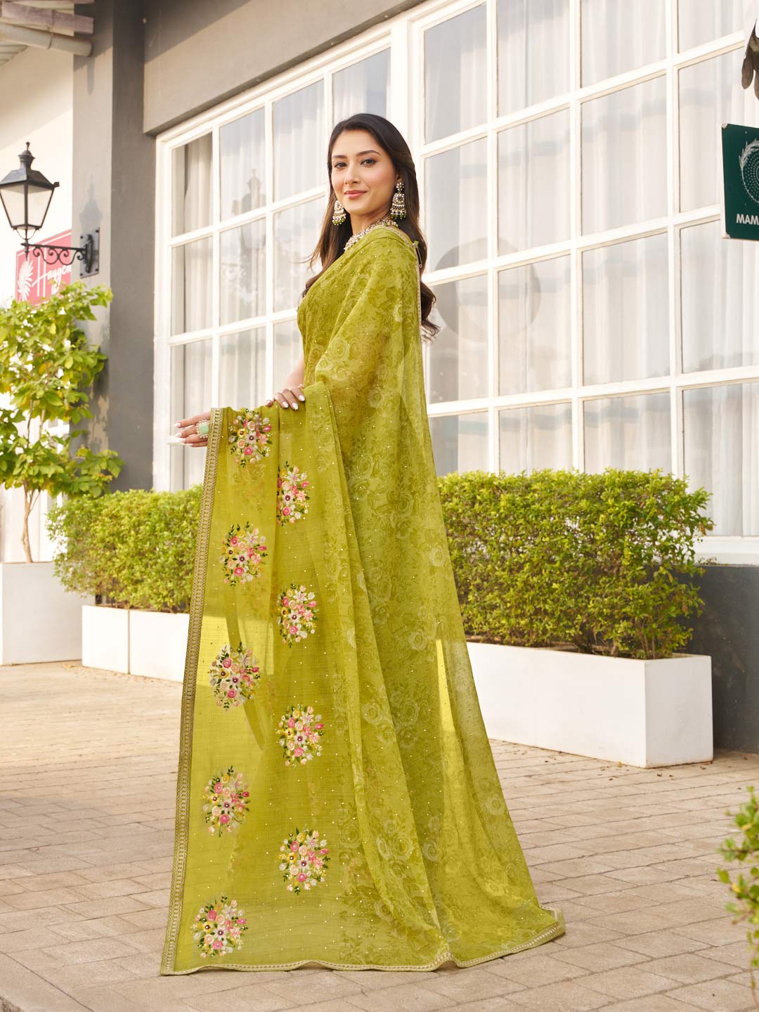 Laxmipati Mirinda Green Chiffon Floral Embroidered Saree