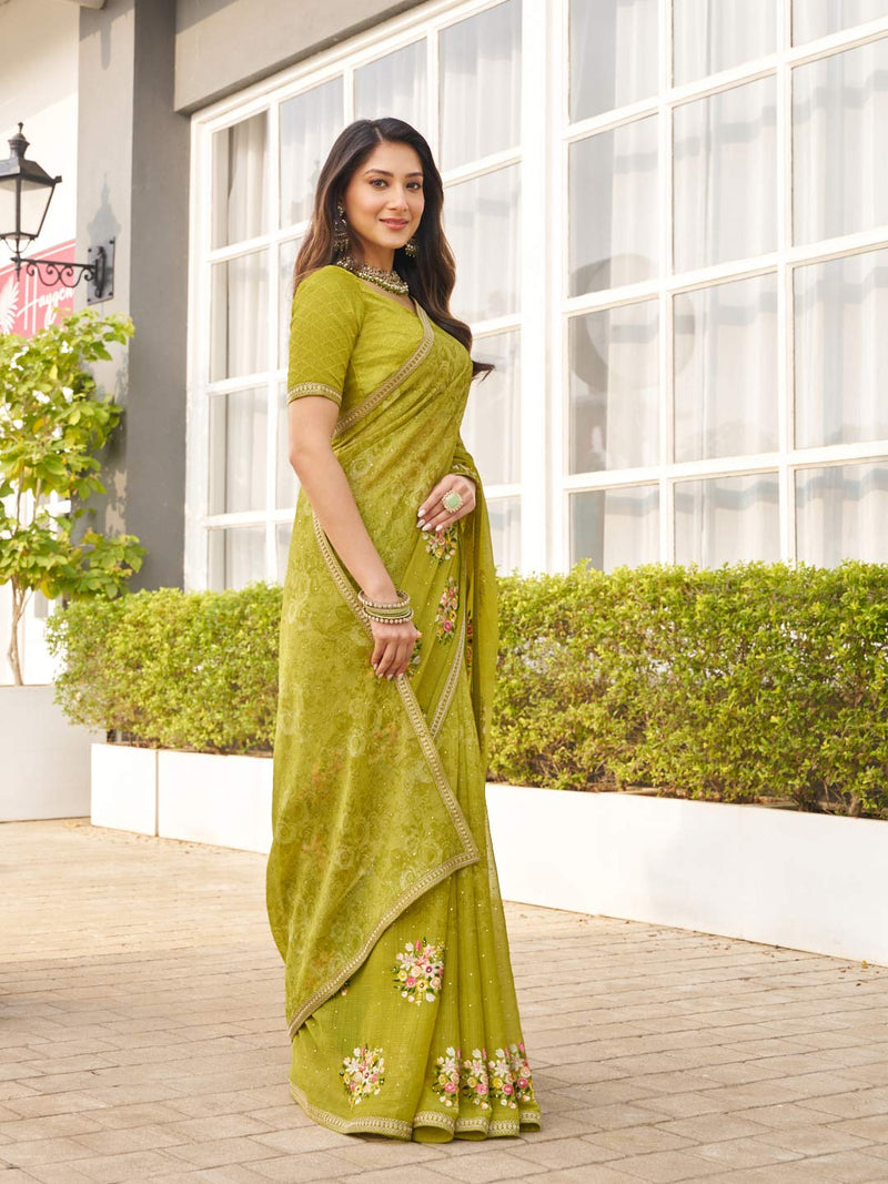 Laxmipati Mirinda Green Chiffon Floral Embroidered Saree