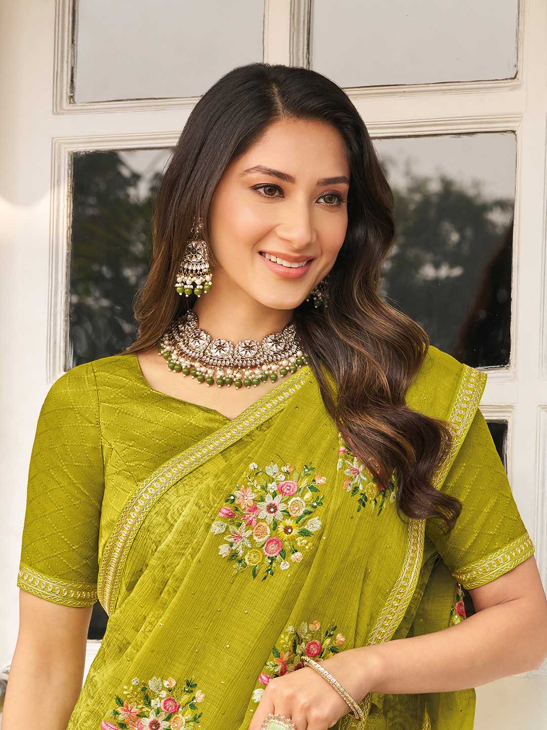 Laxmipati Mirinda Green Chiffon Floral Embroidered Saree