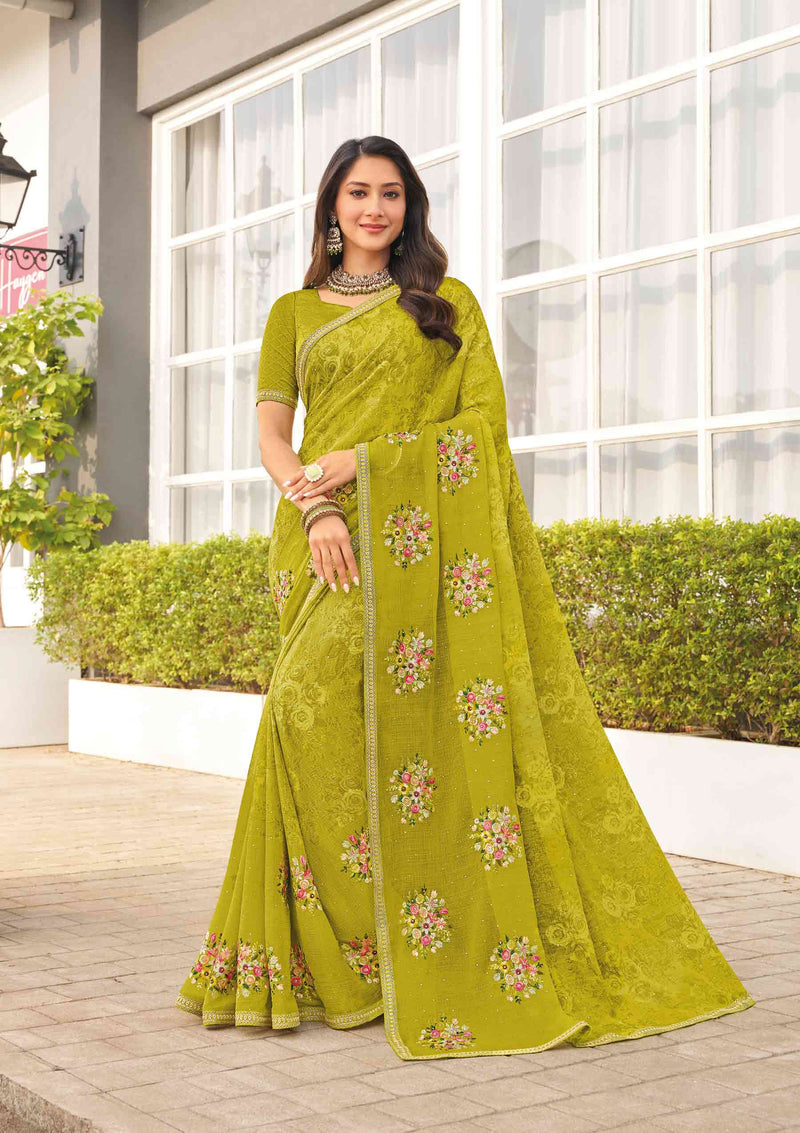 Laxmipati Mirinda Green Chiffon Floral Embroidered Saree