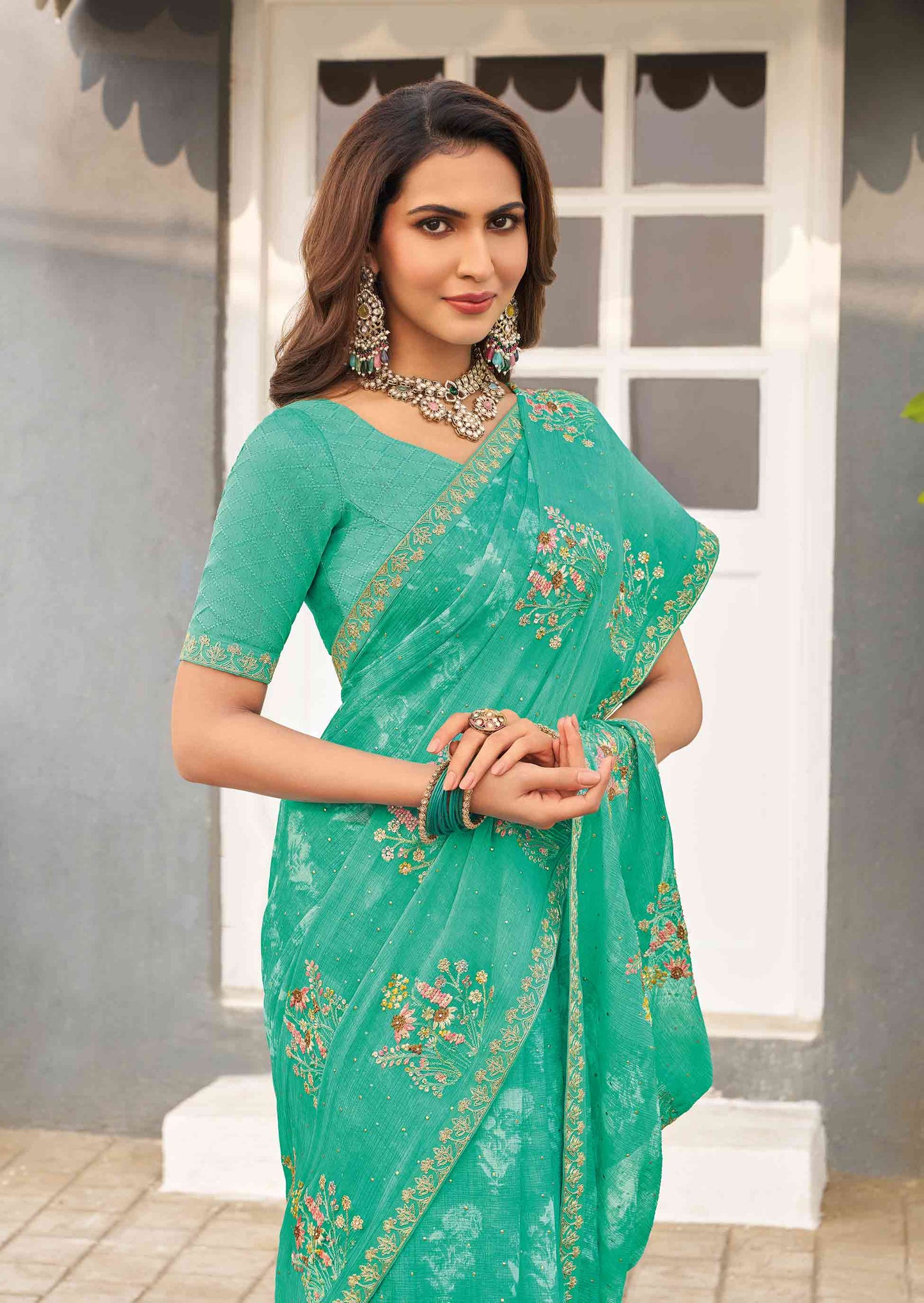 Laxmipati Mirinda Green Chiffon Floral Embroidered Saree