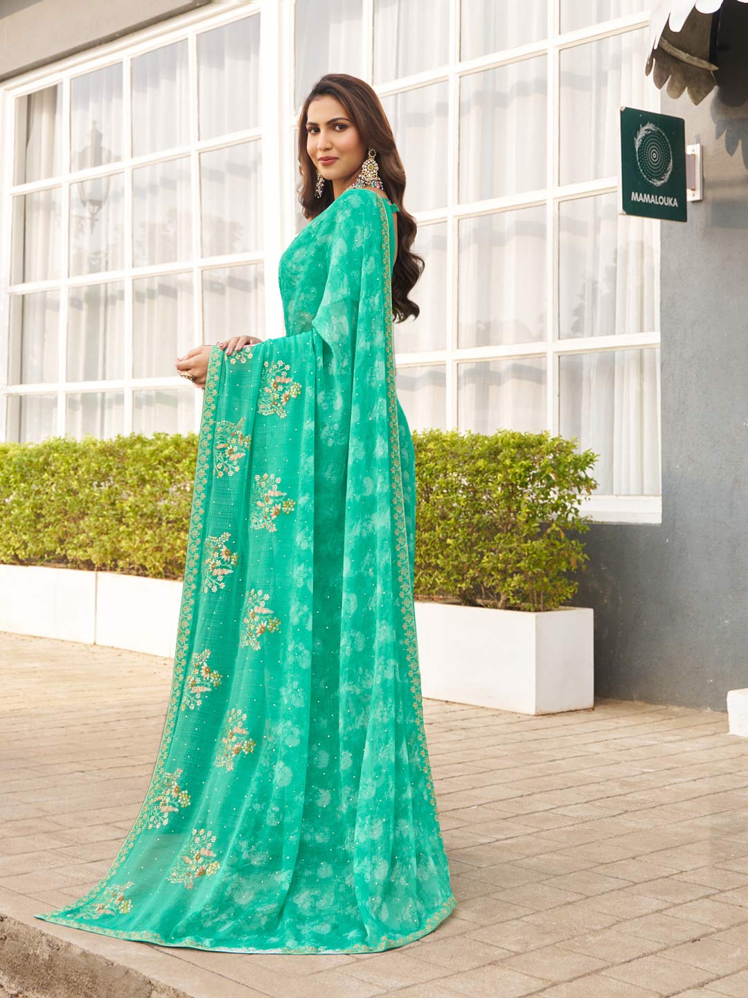 Laxmipati Mirinda Green Chiffon Floral Embroidered Saree