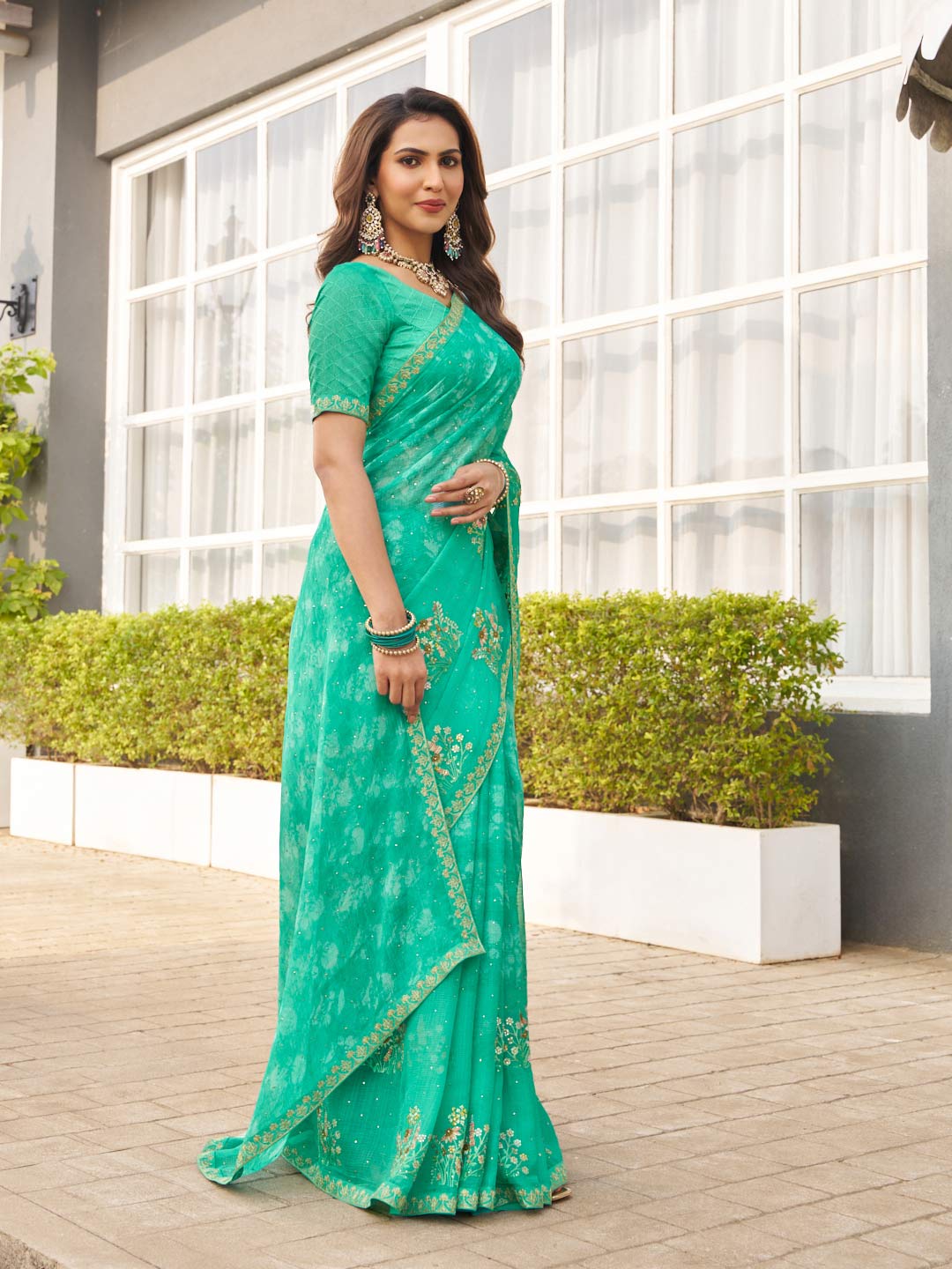 Laxmipati Mirinda Green Chiffon Floral Embroidered Saree