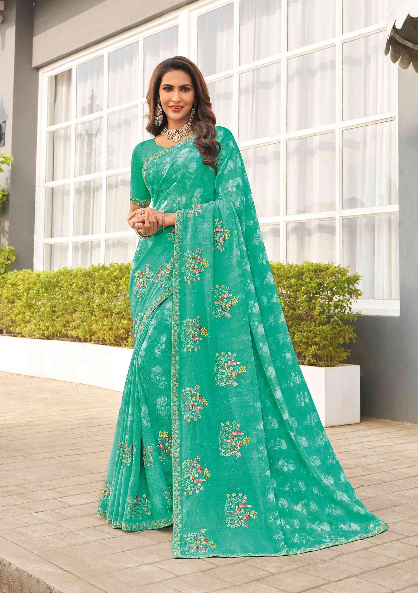 Laxmipati Mirinda Green Chiffon Floral Embroidered Saree
