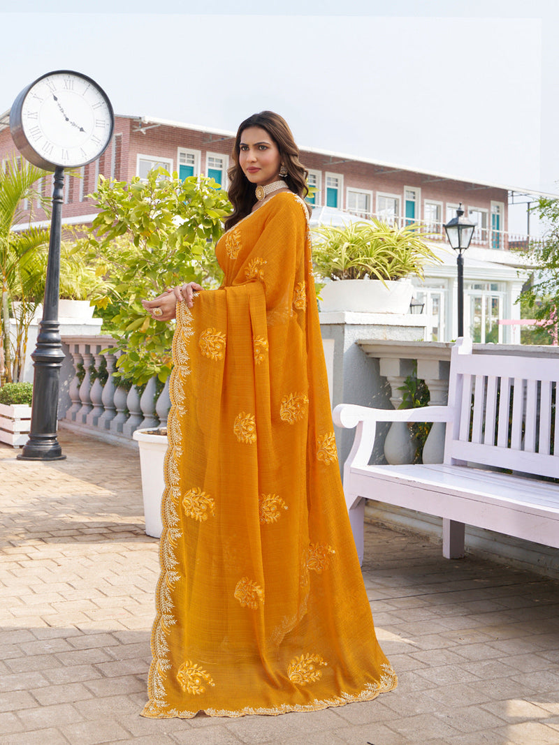 Laxmipati Makhan Malai Orange Chiffon Floral Embroidered Saree