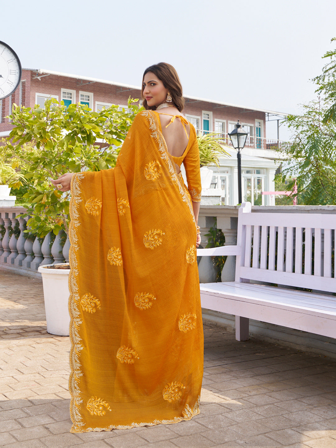 Laxmipati Makhan Malai Orange Chiffon Floral Embroidered Saree