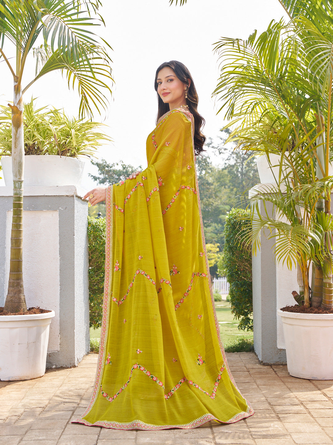Laxmipati Makhan Malai Olive Green Chiffon Floral Embroidered Saree