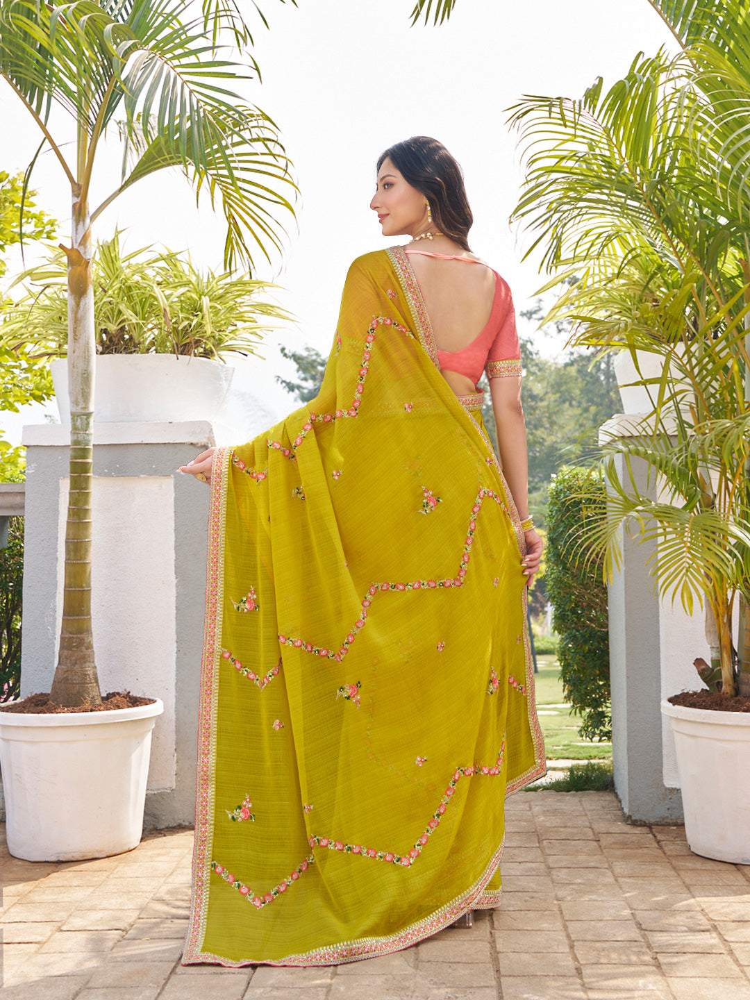 Laxmipati Makhan Malai Olive Green Chiffon Floral Embroidered Saree