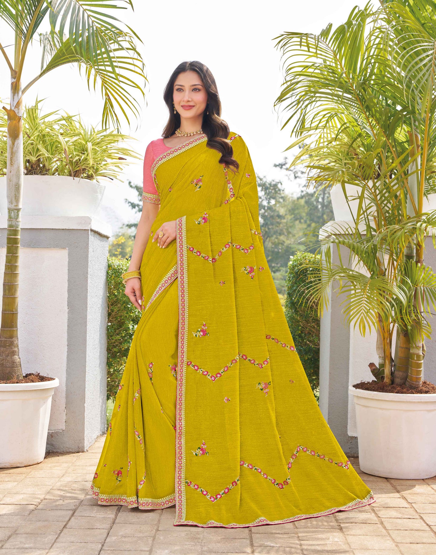 Laxmipati Makhan Malai Olive Green Chiffon Floral Embroidered Saree