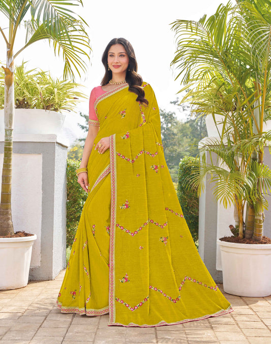 Laxmipati Makhan Malai Olive Green Chiffon Floral Embroidered Saree