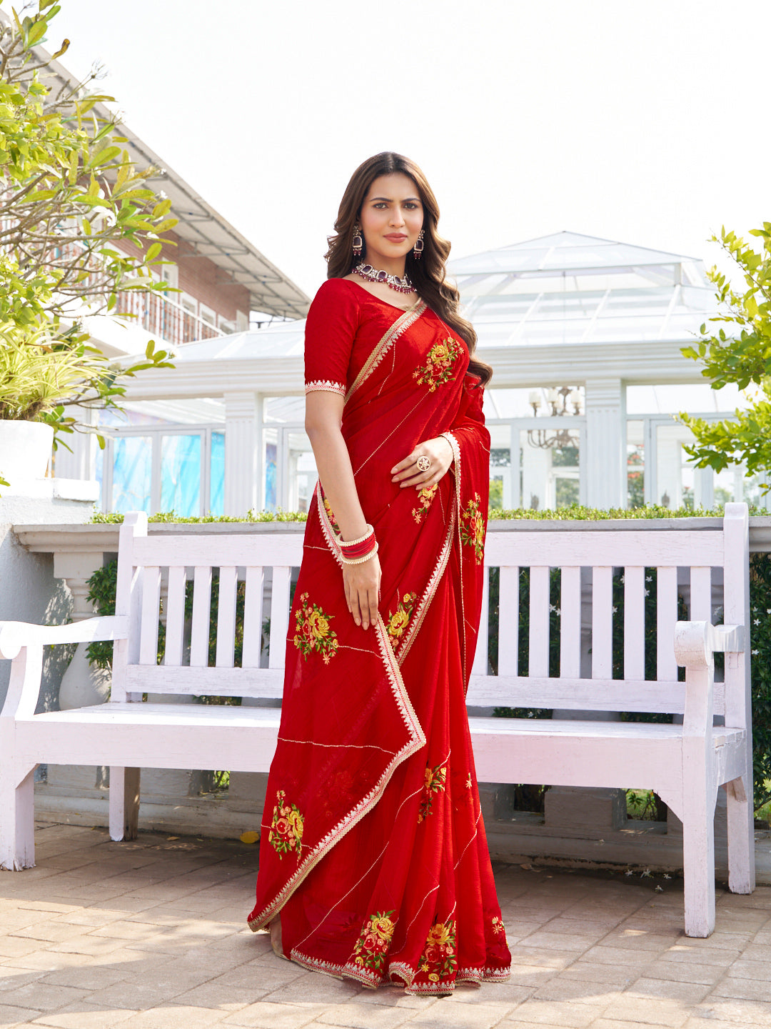 Laxmipati Makhan Malai Red Chiffon Floral Embroidered Saree