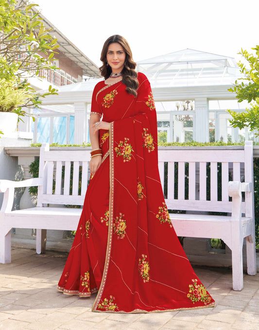 Laxmipati Makhan Malai Red Chiffon Floral Embroidered Saree