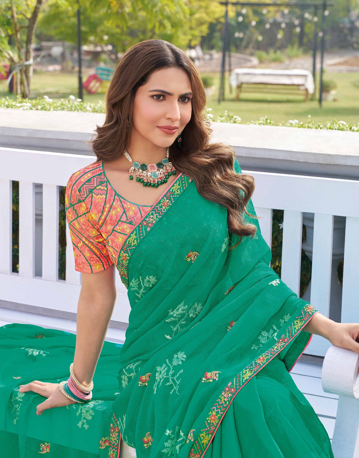 Laxmipati Makhan Malai Teal Green Chiffon Floral Embroidered Saree