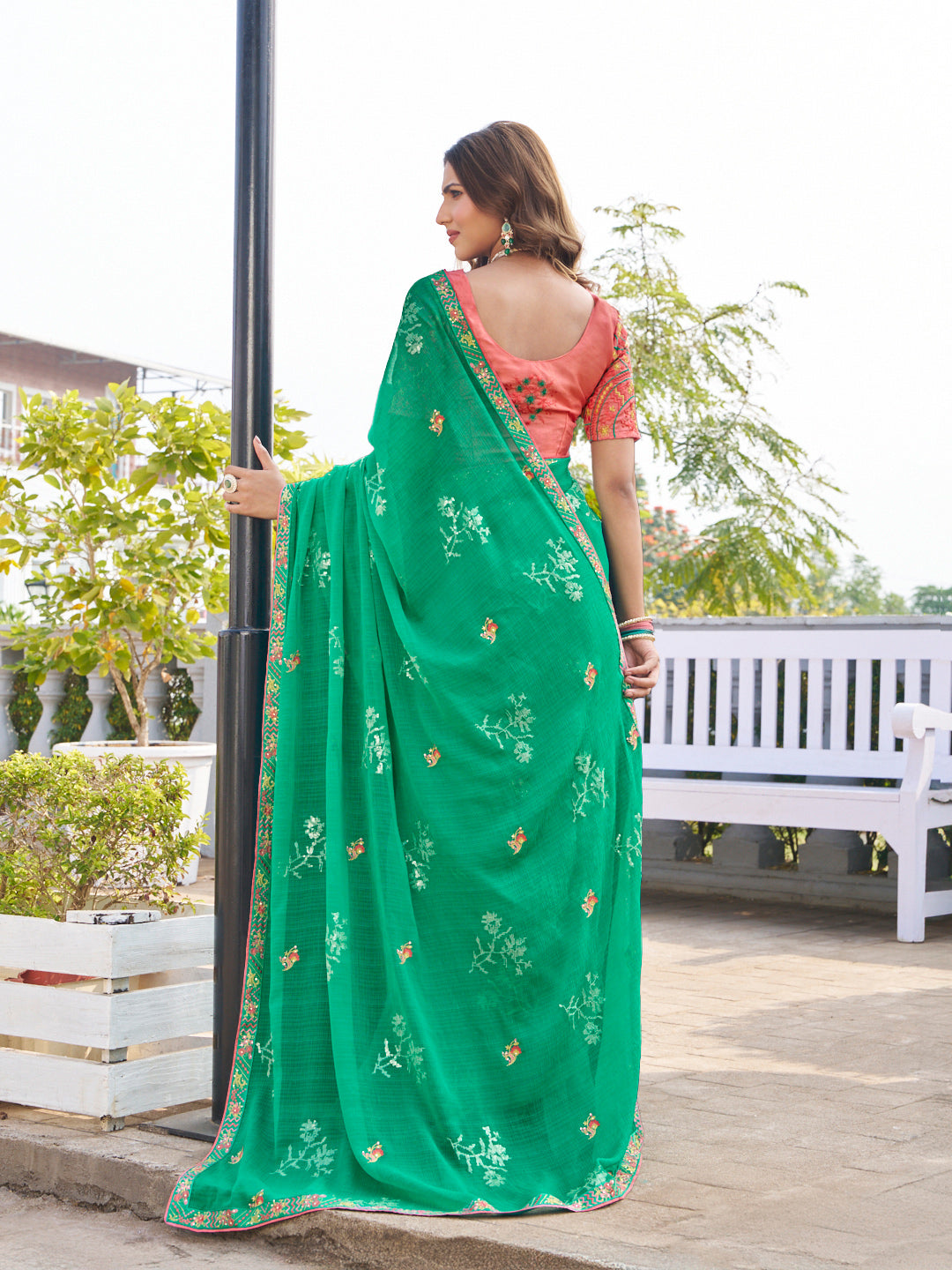 Laxmipati Makhan Malai Teal Green Chiffon Floral Embroidered Saree